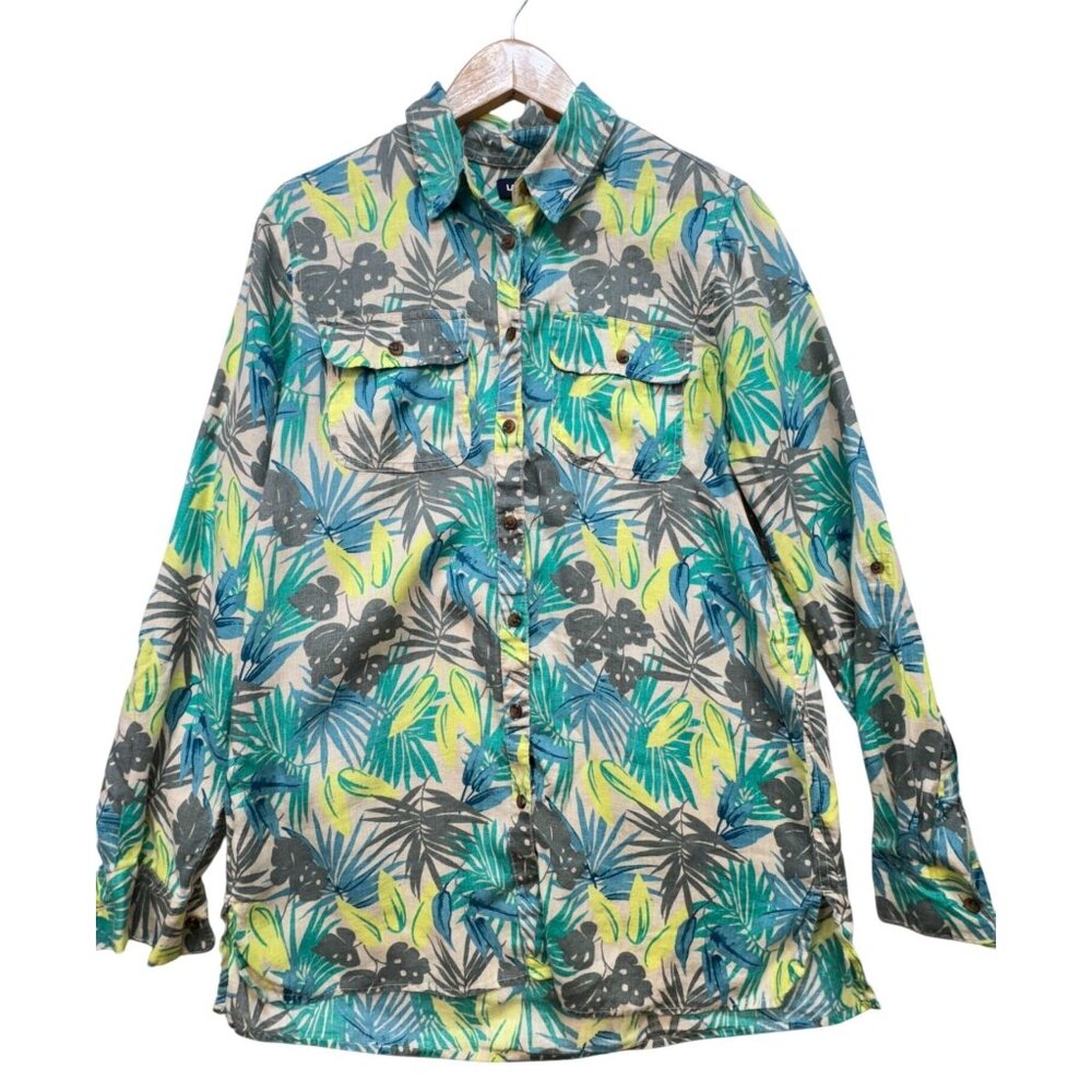 Lands End Womens Linen Button Up Shirt Size ST Green Tropical Long Sleeve Casual